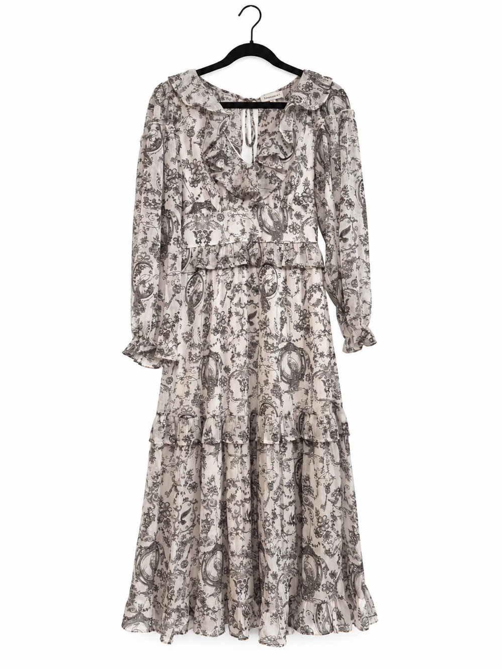 Francesca’s Ivory Black Toile Ruffle Maxi Dress Cottagecore M
